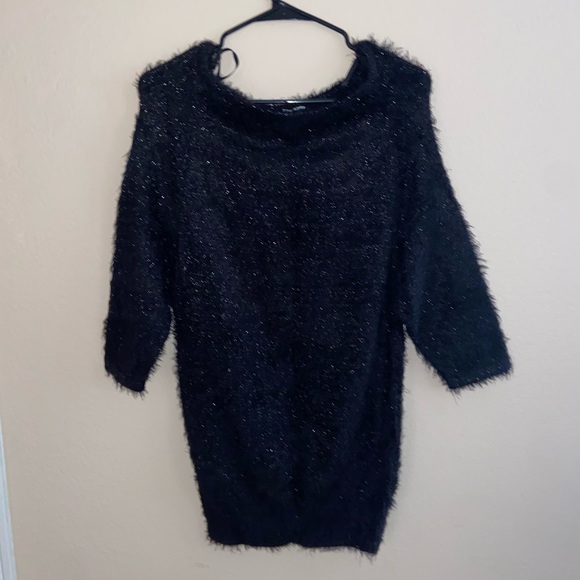 Bebè designer black fur fuzzy coat mini dress longsleeve sparkles cute pull over - Picture 1 of 11